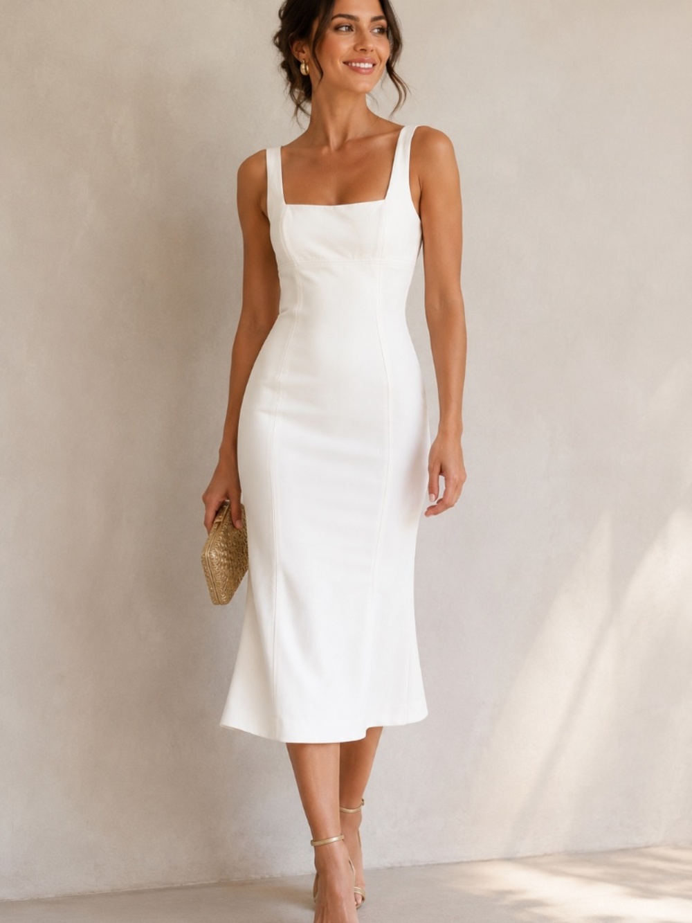 Laundry by Shelle Segal midi white dress 6 baby doll bodice wedding guest date